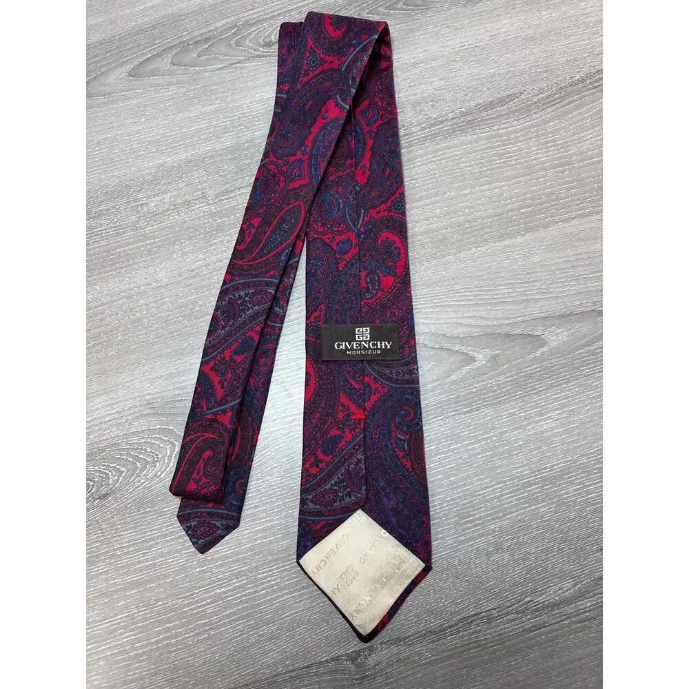 Vintage Givenchy Monsieur Men's All Silk‎ Tie- Italy- Subdued Parrots- Blue Red